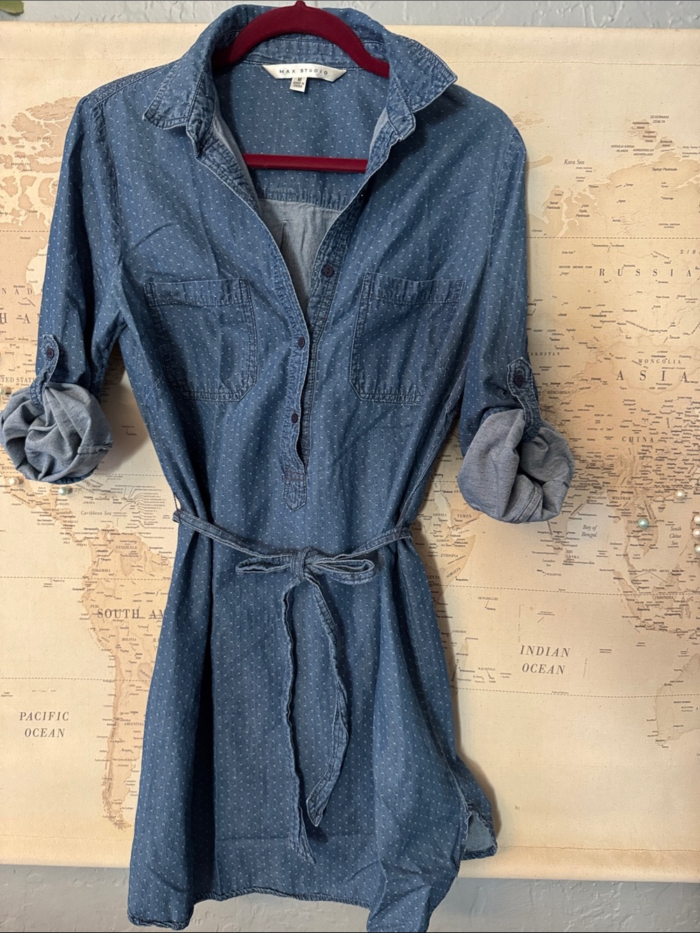 Max Studio Indigo Dot Denim Shirt Dress with Ties